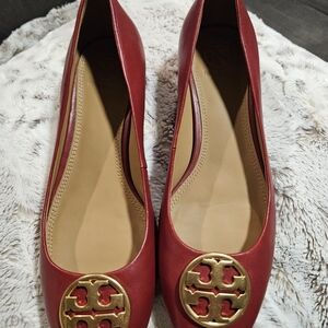 Tory Burch Red Leather Flats with Gold Logo